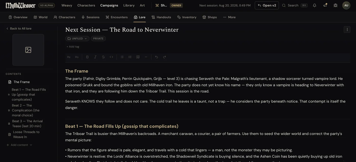 The prep doc Weavy filed: Next Session — The Road to Neverwinter, with The Frame, three beats, and loose threads to weave in