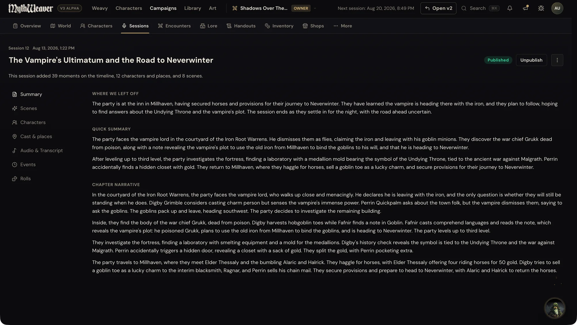 Session 12's write-up: where we left off, a quick summary, and the full chapter narrative, with scenes, characters, transcript, events and rolls in the sidebar
