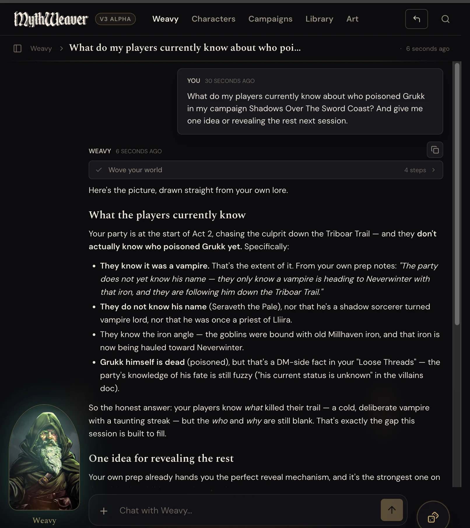 Weavy answering a question about the campaign from its own lore: what the players know, what is still DM-only, and a reveal idea built from the campaign